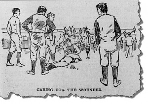 Time out at the 1893 Cal-Stanford game at the Haight Street grounds to attend to an injured player. From the San Francisco Call. Available at the California Digital Newspaper Collection.