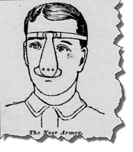 Innovations in protection of vanity. The "nosebag" was made of copper-riveted sheet iron. Despite the number of serious head injuries and the number of other central nervous system trauma, helmets were not mandatory. From the San Francisco Call. Available at California Digital Newspaper Collection.