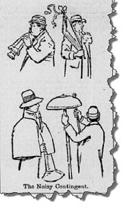 The Noisy Contingent delivering auricular torture at the California-Stanford game, November 1893. From the San Francisco Call. Available at the California Digital Newspaper Collection.