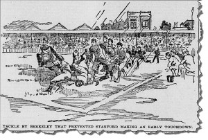 University of California-Berkeley versus Stanford at Haight Street baseball grounds, bordered by Stanyan, Frederick, Waller, and Cole Streets, San Francisco, November 1893. From the San Francisco Call. Available at the California Digital Newspaper Collection.