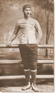 The uniform of football circa late 1880s. Walter Camp, captain of the Yale team in 1878-1879, would later become the father of modern football and coach at Stanford. From Football Days, Memories of the Game and the Men Behind the Ball, by William H. Edwards. 1916. Moffat, Yard, and Co. Available at Project Gutenberg.