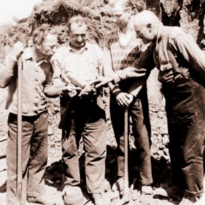 Edward Supernaugh, left, Ed Soluago, Carl Summers, and Foreman Theodore Ernst, inspect "gold samples" they found at McLaren Park. Dated April 15, 1931. Folder: S.F. Parks-McLaren, Photo ID Number: AAA-6979. Available at the San Francisco Public Library.