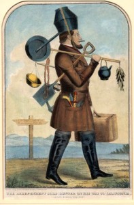 This hand tinted lithograph entitled "Independent Gold Hunter on His Way to California" was published by Kelloggs and Comstock of New York, and Ensign & Thayer of Buffalo in 1850. Image available in Section V. Gold Mania Satirized, at the California State Library.