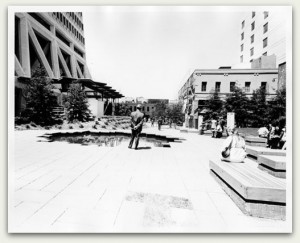 Transamerica Redwood Park sits atop land fill, the former shoreline of Yerba Buena Cove. In this image from 1972, the pocket park has just been established.