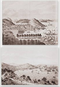 While the top image might remind some of the art of Paul Cézanne, it predates similar work by Cézanne by about 40 years. This "fanciful" view of San Francisco in 1848 looks across Yerba Buena Cove to Telegraph Hill from Rincon Point. A perfectly symmetric and stately forest seems to cover the shores at the base of Rincon Hill. The bottom image is likely the more realistic view, showing the treeless hills and scattering of scrub oak that seemed to predominate before the population boom. From Lewis O. San Francisco: Mission to Metropolis. Howell-North Books: Berkeley, CA. 1966. (The author provides no information on the source of either image.)