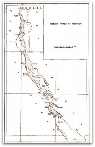 This map details the native range of California's coast redwood. Moving from the Northern California Coast from the Oregon Border to Sonoma County. South of Sonoma, distribution becomes more irregular. From Roy DF. Silvical Characteristics of the Coast Redwood. Available at the U.S. Forest Service.